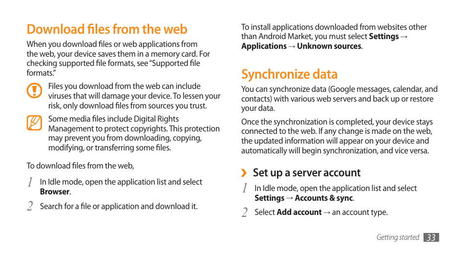 Download files from the web, Synchronize data, Download files from the web synchronize data | Set up a server account | Samsung Galaxy 5 i5503 User Manual | Page 33 / 105