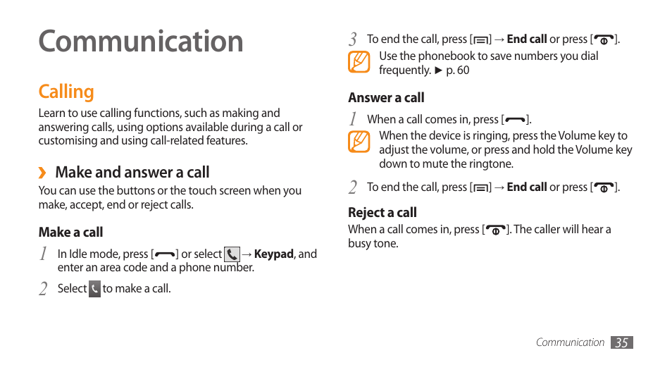 Communication, Calling | Samsung Galaxy 5 i5503 User Manual | Page 35 / 105