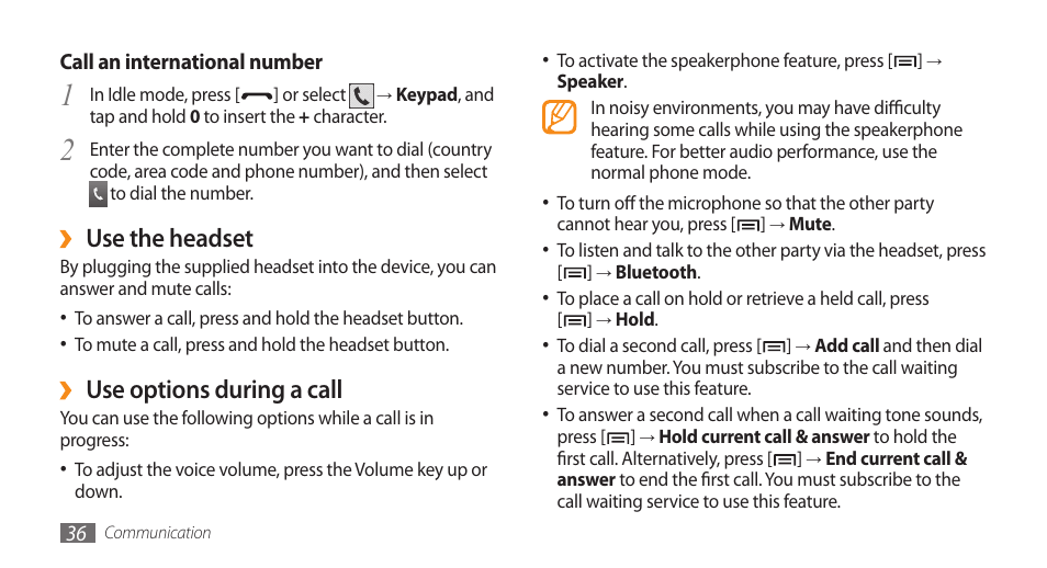 Use the headset, Use options during a call | Samsung Galaxy 5 i5503 User Manual | Page 36 / 105