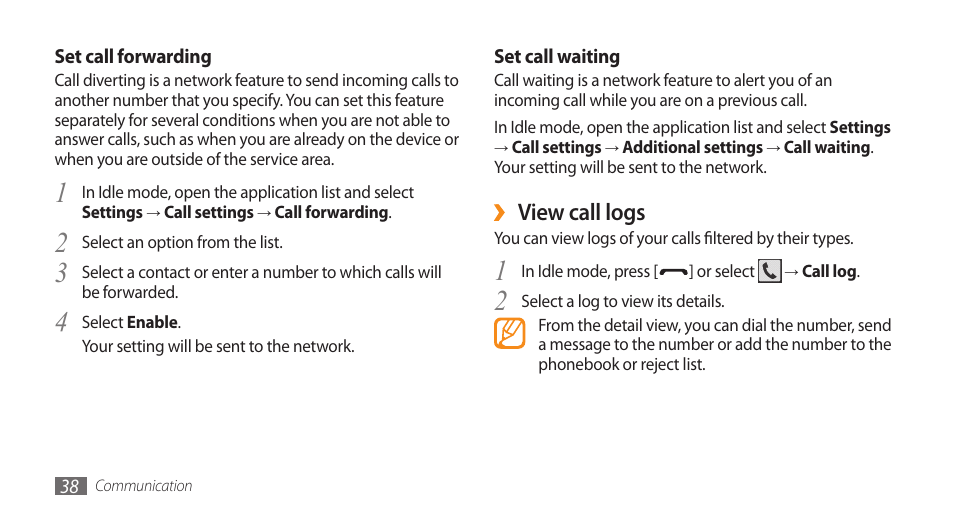 View call logs | Samsung Galaxy 5 i5503 User Manual | Page 38 / 105