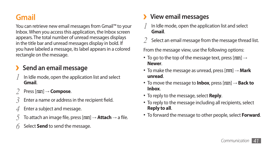 Gmail, View email messages, Send an email message | Samsung Galaxy 5 i5503 User Manual | Page 41 / 105