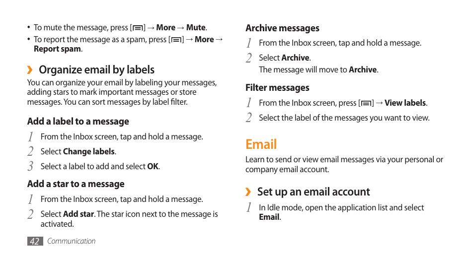 Email, 2email | Samsung Galaxy 5 i5503 User Manual | Page 42 / 105