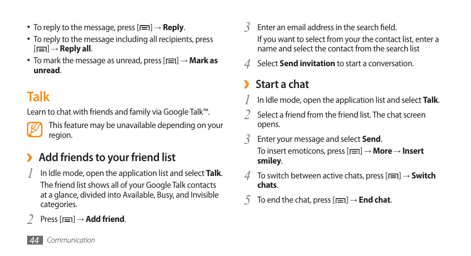 Talk, Start a chat, Add friends to your friend list | Samsung Galaxy 5 i5503 User Manual | Page 44 / 105