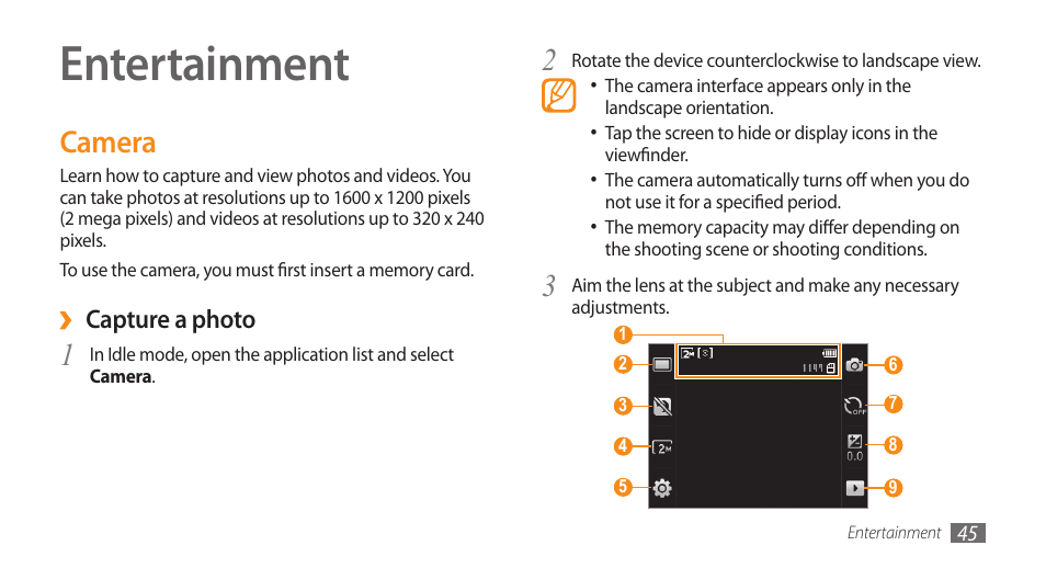 Entertainment, Camera | Samsung Galaxy 5 i5503 User Manual | Page 45 / 105