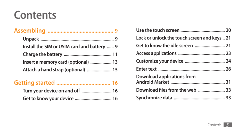 Samsung Galaxy 5 i5503 User Manual | Page 5 / 105