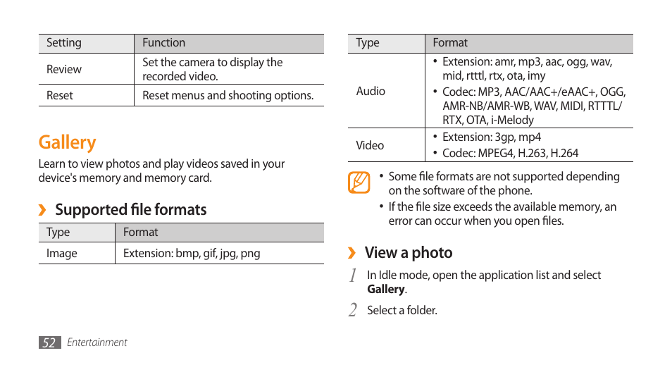 Gallery, View a photo, Supported file formats | Samsung Galaxy 5 i5503 User Manual | Page 52 / 105