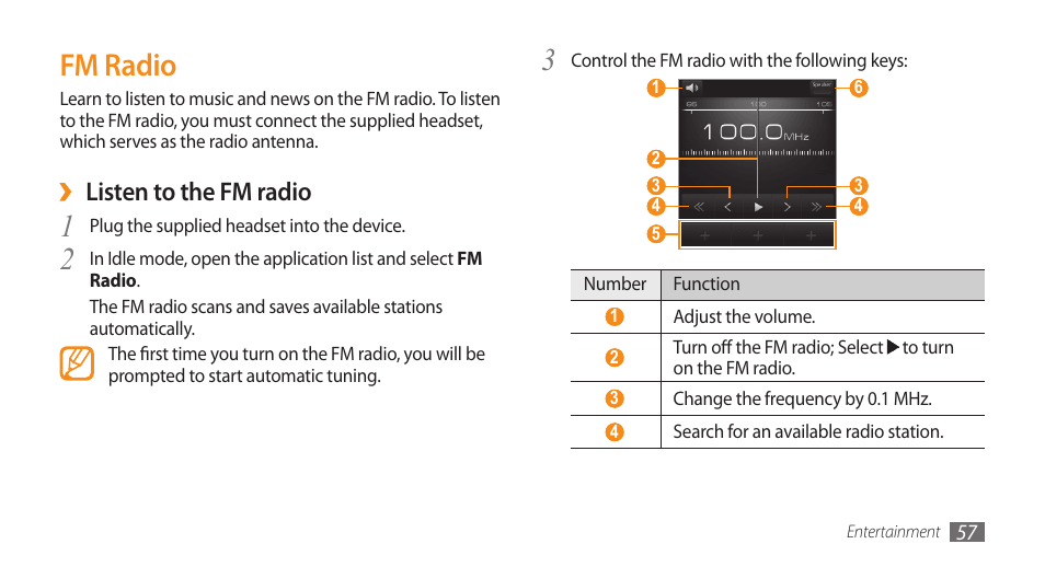 Fm radio, Listen to the fm radio | Samsung Galaxy 5 i5503 User Manual | Page 57 / 105