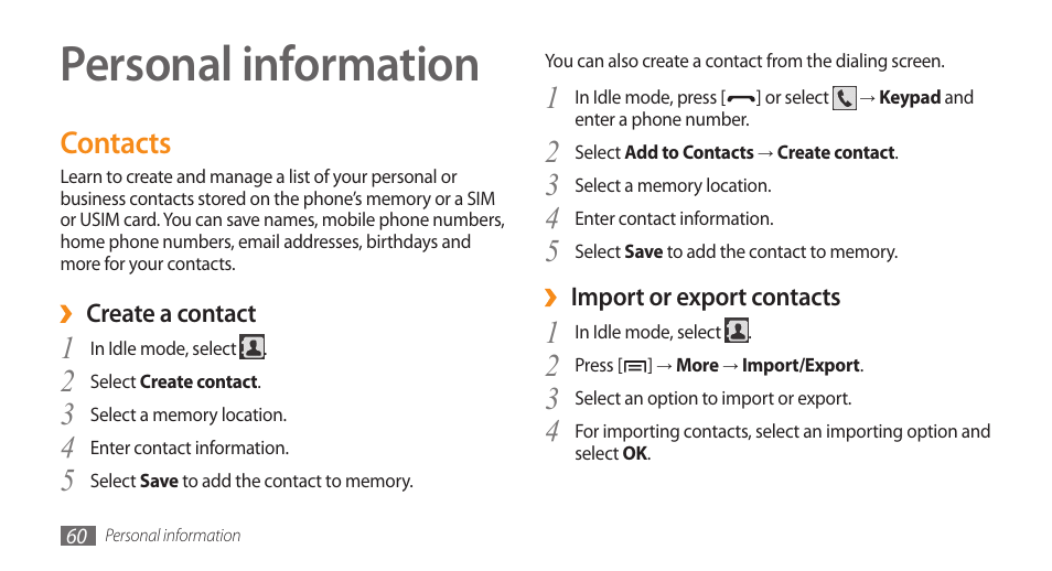 Personal information, Contacts | Samsung Galaxy 5 i5503 User Manual | Page 60 / 105