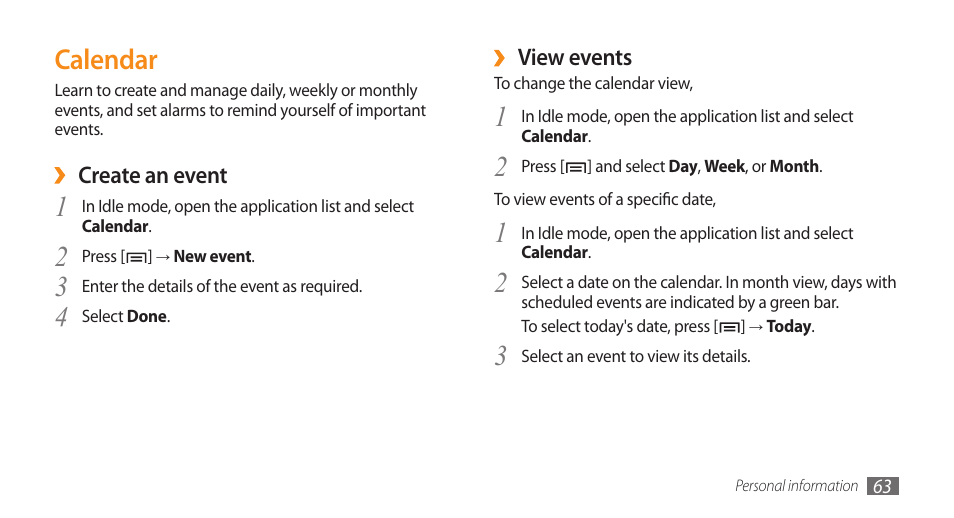 Calendar, 3calendar | Samsung Galaxy 5 i5503 User Manual | Page 63 / 105