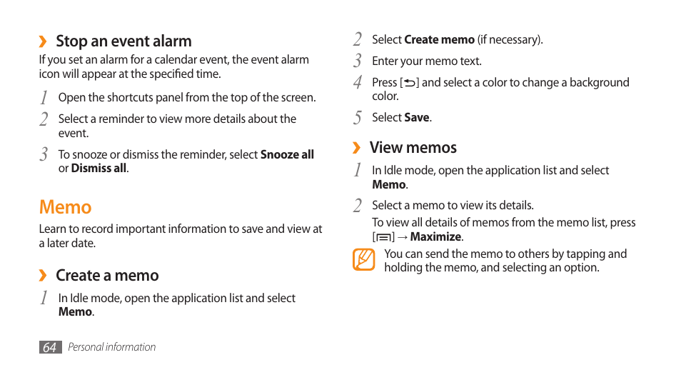Memo | Samsung Galaxy 5 i5503 User Manual | Page 64 / 105