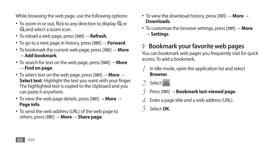 Bookmark your favorite web pages | Samsung Galaxy 5 i5503 User Manual | Page 66 / 105