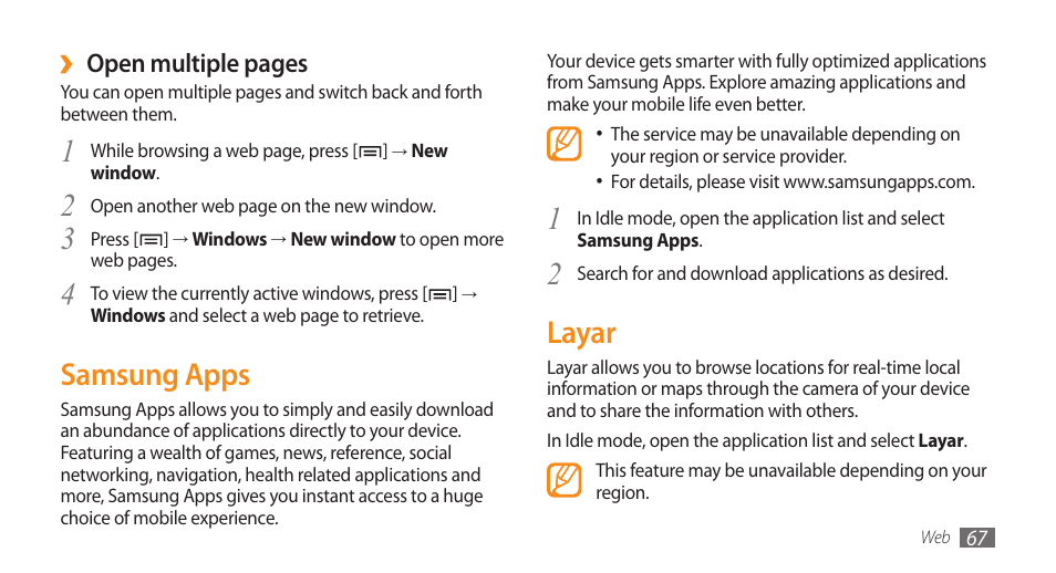 Samsung apps, Layar, Samsung apps layar | 2layar, Open multiple pages | Samsung Galaxy 5 i5503 User Manual | Page 67 / 105