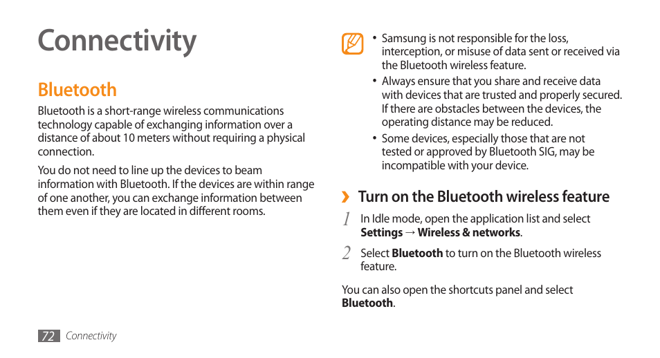 Connectivity, Bluetooth | Samsung Galaxy 5 i5503 User Manual | Page 72 / 105