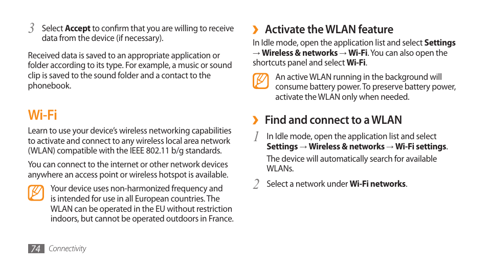 Wi-fi, Activate the wlan feature, Find and connect to a wlan | Samsung Galaxy 5 i5503 User Manual | Page 74 / 105