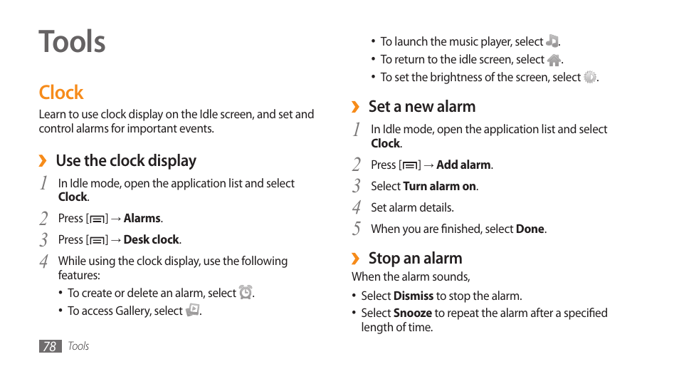 Tools, Clock | Samsung Galaxy 5 i5503 User Manual | Page 78 / 105