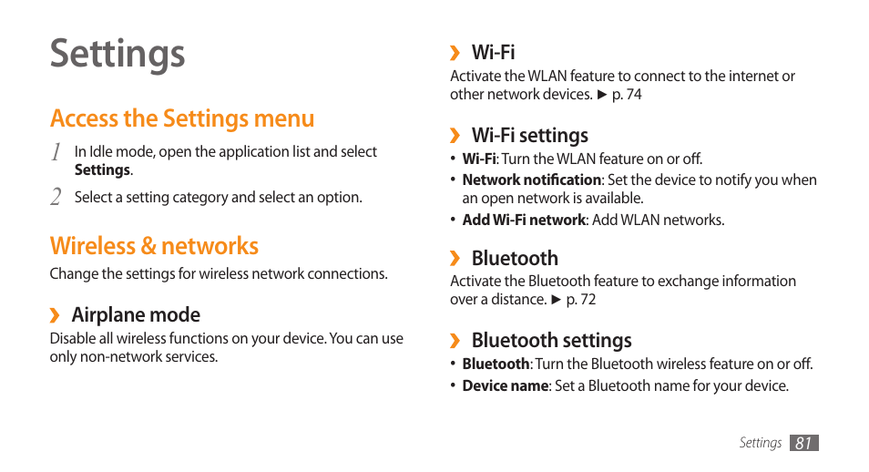 Settings, Access the settings menu, Wireless & networks | Access the settings menu wireless & networks, 2wireless & networks | Samsung Galaxy 5 i5503 User Manual | Page 81 / 105