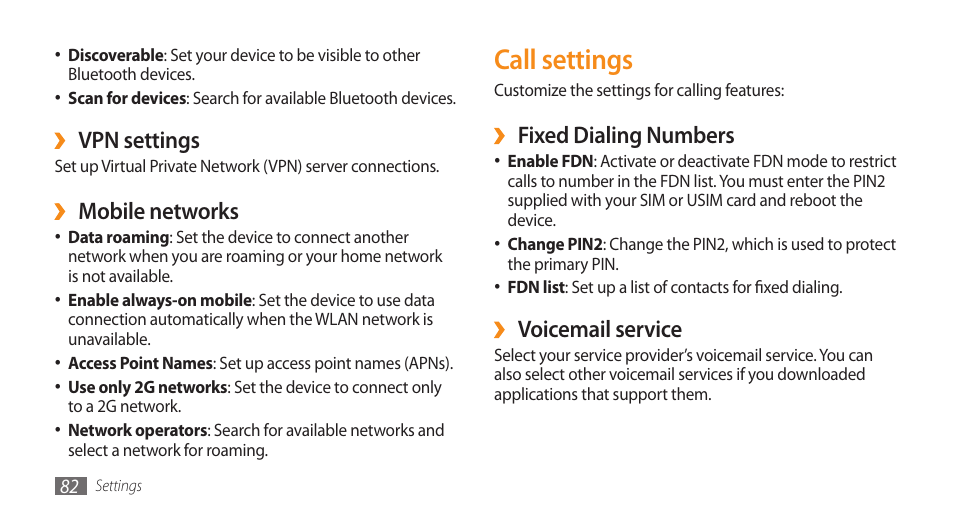 Call settings, Fixed dialing numbers, Voicemail service | Vpn settings, Mobile networks | Samsung Galaxy 5 i5503 User Manual | Page 82 / 105