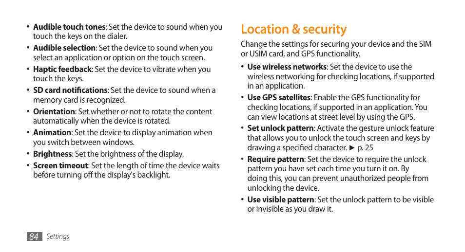 Location & security | Samsung Galaxy 5 i5503 User Manual | Page 84 / 105