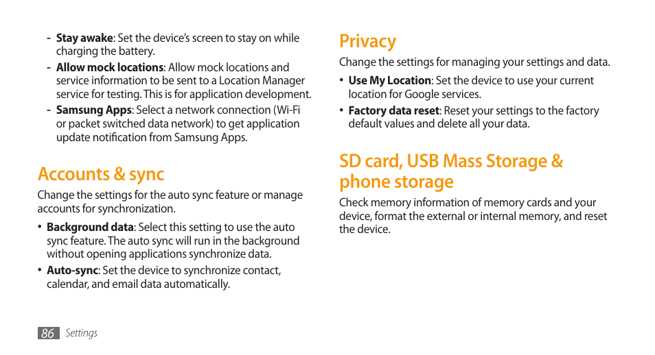 Privacy, Sd card, usb mass storage & phone storage, Accounts & sync | Samsung Galaxy 5 i5503 User Manual | Page 86 / 105