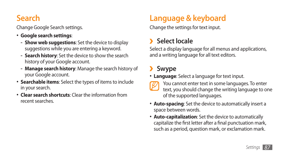 Search, Language & keyboard, Search language & keyboard | Select locale, Swype | Samsung Galaxy 5 i5503 User Manual | Page 87 / 105