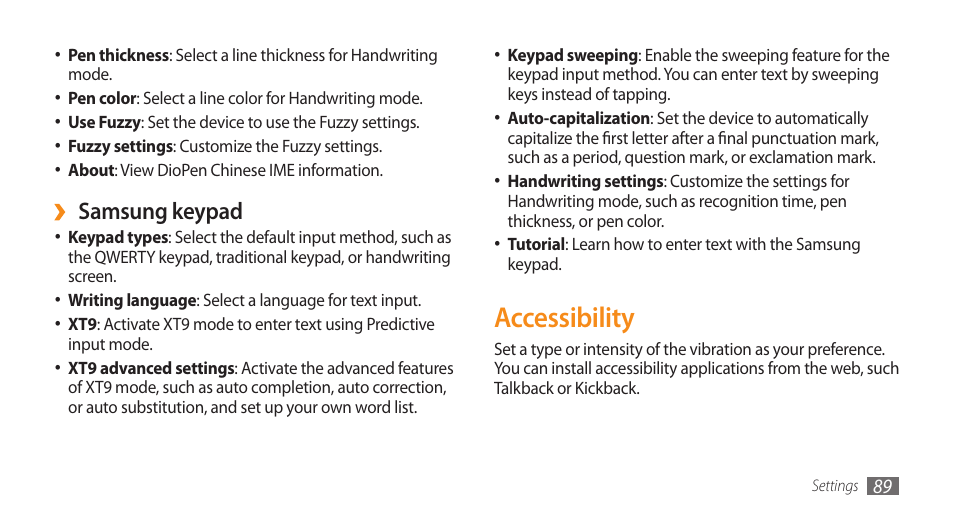 Accessibility, Samsung keypad | Samsung Galaxy 5 i5503 User Manual | Page 89 / 105