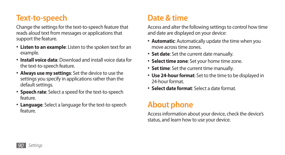 Text-to-speech, Date & time, About phone | Text-to-speech date & time about phone | Samsung Galaxy 5 i5503 User Manual | Page 90 / 105