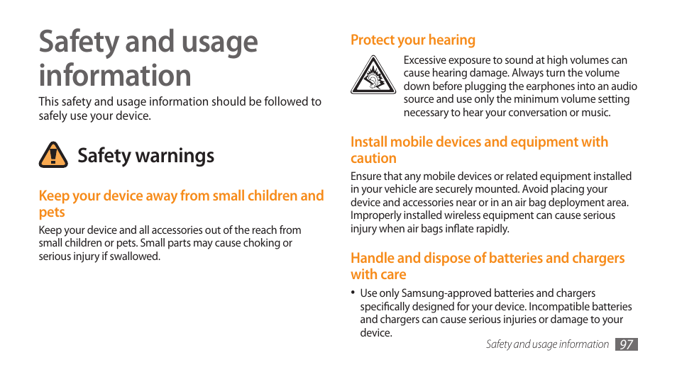 Safety and usage information, Safety warnings | Samsung Galaxy 5 i5503 User Manual | Page 97 / 105