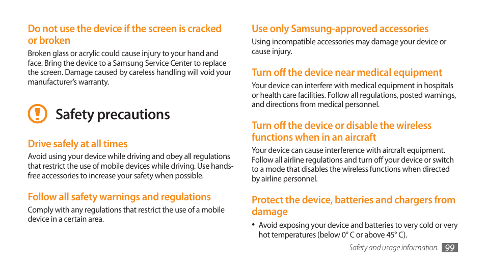 Safety precautions | Samsung Galaxy 5 i5503 User Manual | Page 99 / 105