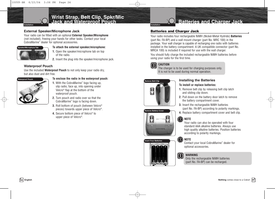 Batteries and charger jack | Cobra Electronics COBRAMARINE MR HH100 VP EU User Manual | Page 16 / 22