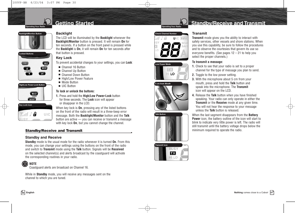 Getting started standby/receive and transmit | Cobra Electronics COBRAMARINE MR HH100 VP EU User Manual | Page 19 / 22