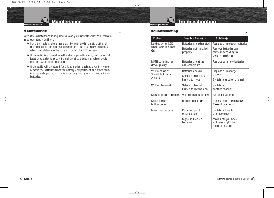 Troubleshooting maintenance | Cobra Electronics COBRAMARINE MR HH100 VP EU User Manual | Page 21 / 22