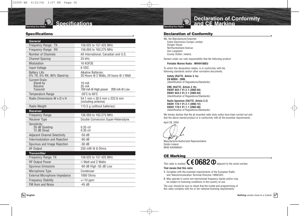 Declaration of conformity and ce marking, Specifications | Cobra Electronics COBRAMARINE MR HH100 VP EU User Manual | Page 22 / 22