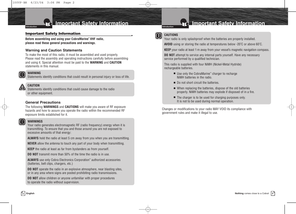 Important safety information | Cobra Electronics COBRAMARINE MR HH100 VP EU User Manual | Page 5 / 22