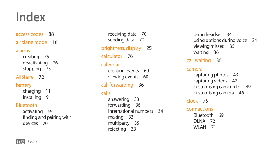 Index | Samsung Galaxy 5 i5500 User Manual | Page 102 / 108