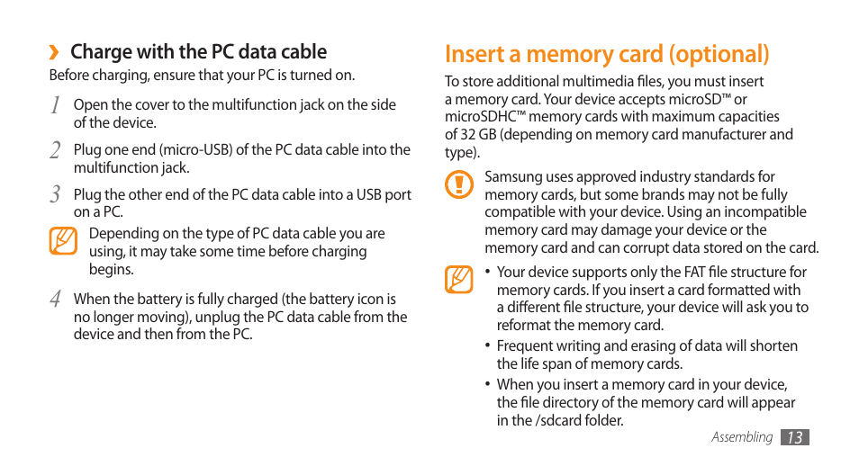 Insert a memory card (optional), Charge with the pc data cable | Samsung Galaxy 5 i5500 User Manual | Page 13 / 108