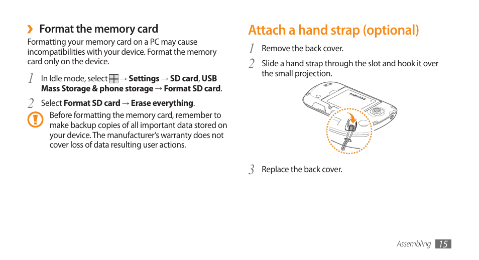 Attach a hand strap (optional) | Samsung Galaxy 5 i5500 User Manual | Page 15 / 108
