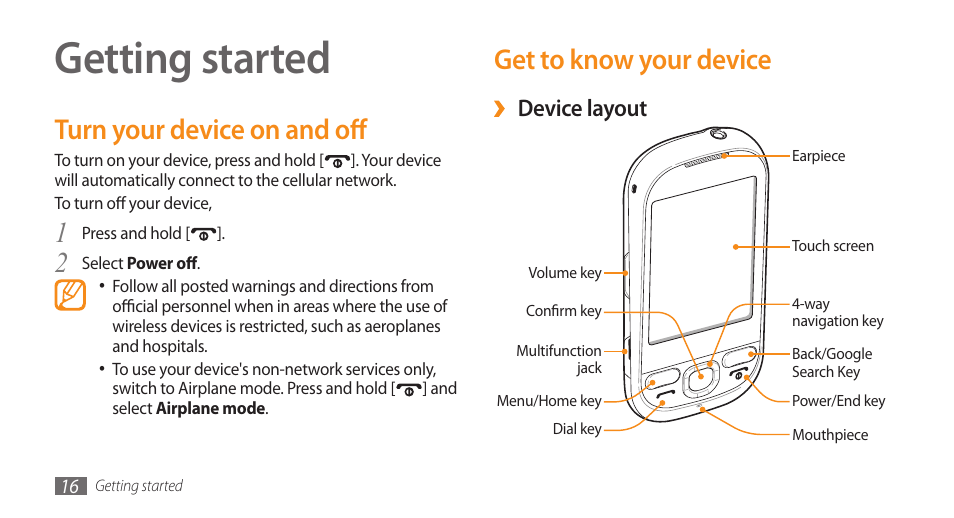 Getting started, Turn your device on and off, Get to know your device | Device layout | Samsung Galaxy 5 i5500 User Manual | Page 16 / 108