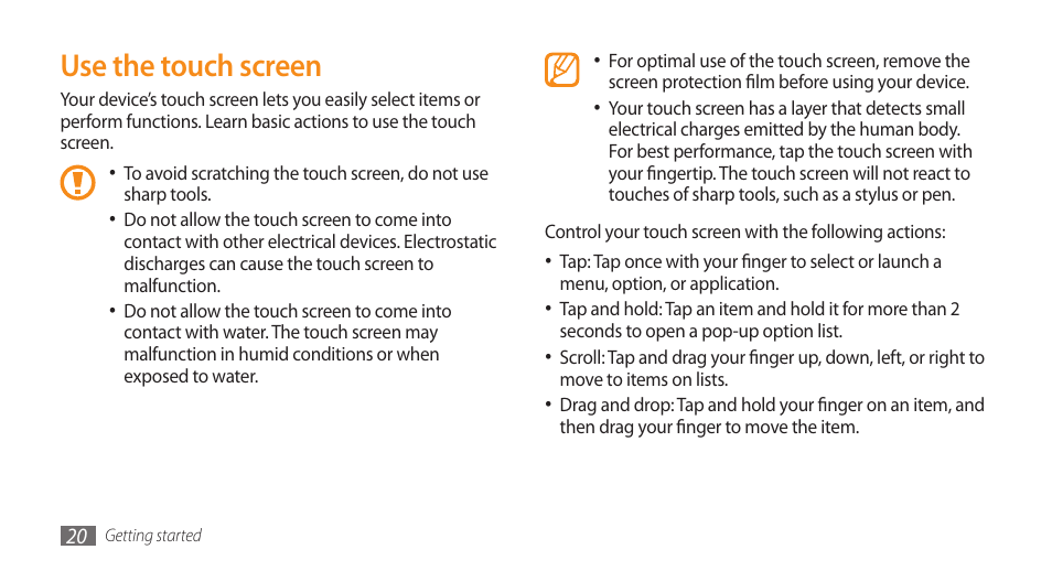 Use the touch screen | Samsung Galaxy 5 i5500 User Manual | Page 20 / 108