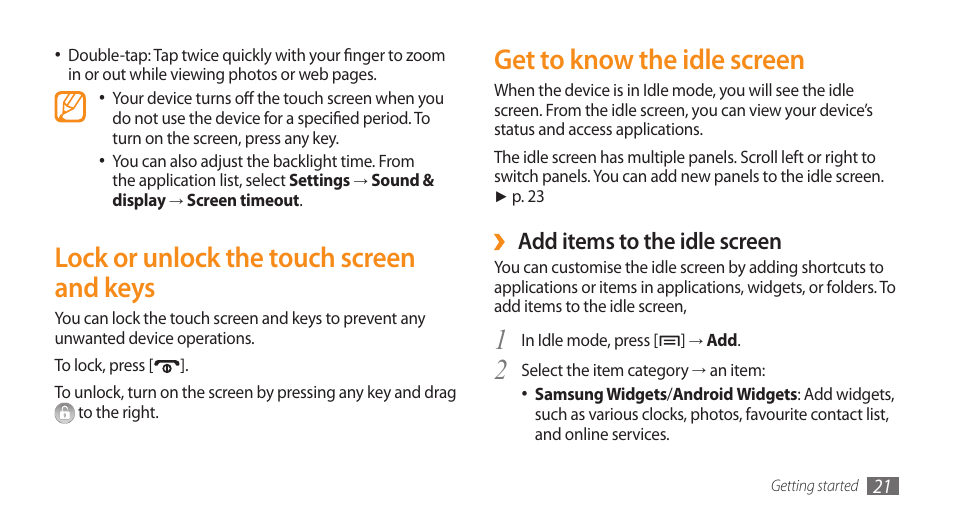 Lock or unlock the touch screen and keys, Get to know the idle screen, Lock or unlock the touch screen and | Keys get to know the idle screen, Add items to the idle screen | Samsung Galaxy 5 i5500 User Manual | Page 21 / 108