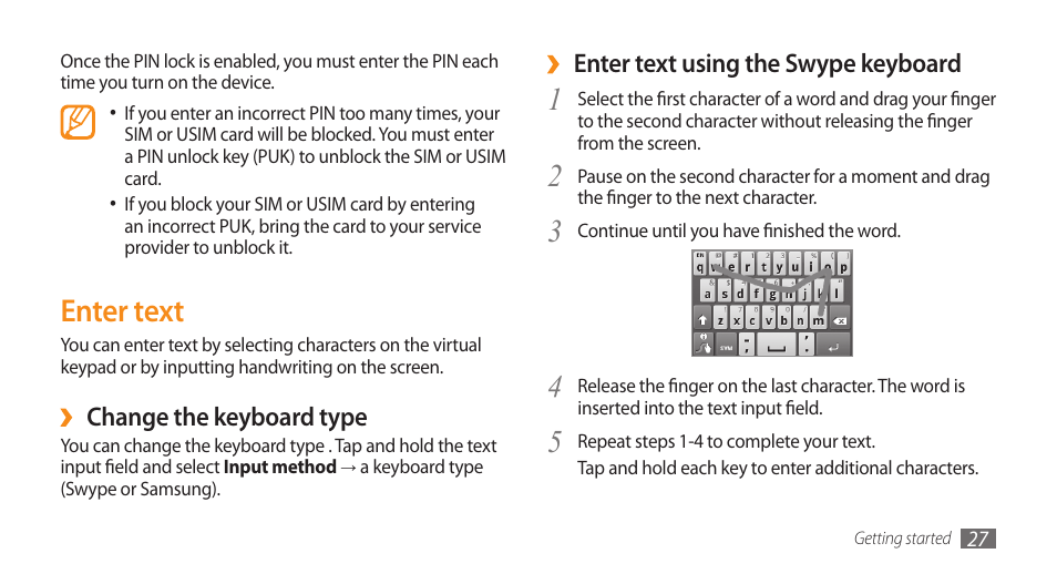 Enter text | Samsung Galaxy 5 i5500 User Manual | Page 27 / 108