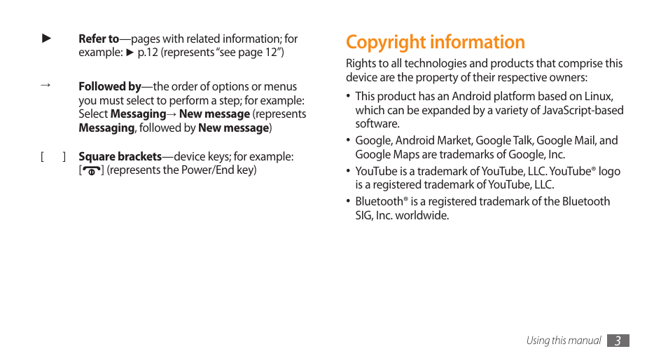 Copyright information | Samsung Galaxy 5 i5500 User Manual | Page 3 / 108
