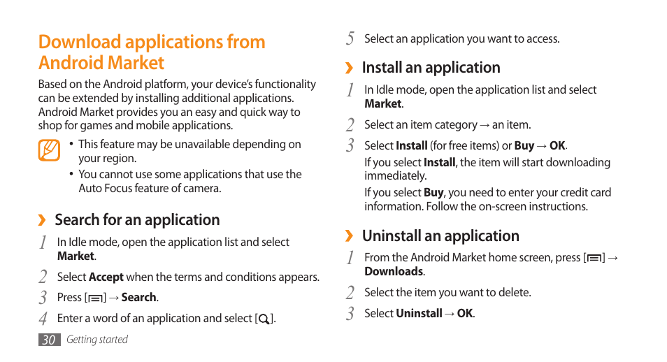 Download applications from android market, Download applications from, Android market | Samsung Galaxy 5 i5500 User Manual | Page 30 / 108