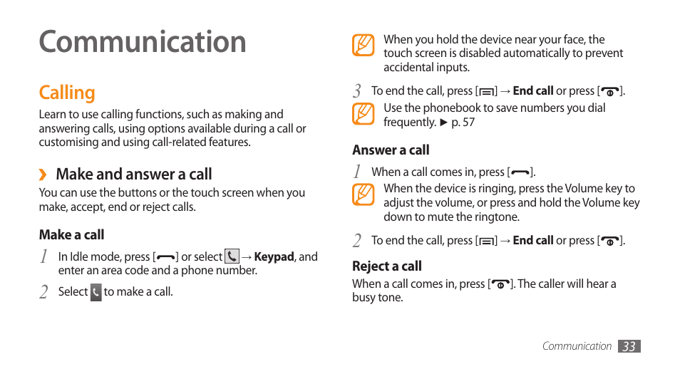Communication, Calling | Samsung Galaxy 5 i5500 User Manual | Page 33 / 108