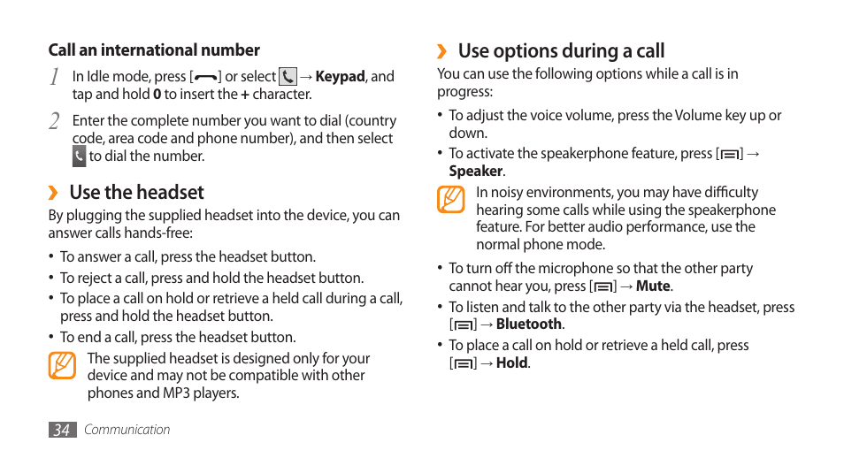 Use options during a call, Use the headset | Samsung Galaxy 5 i5500 User Manual | Page 34 / 108