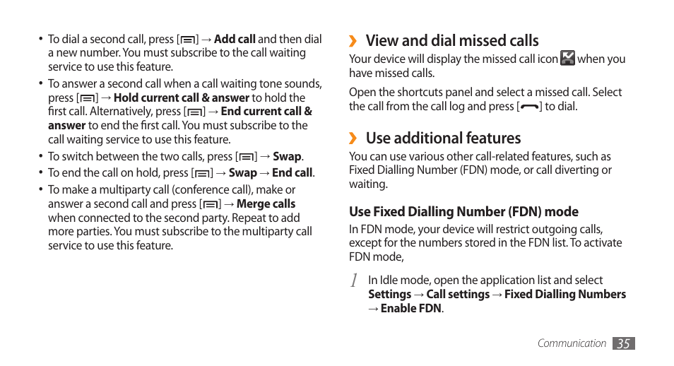 View and dial missed calls, Use additional features | Samsung Galaxy 5 i5500 User Manual | Page 35 / 108