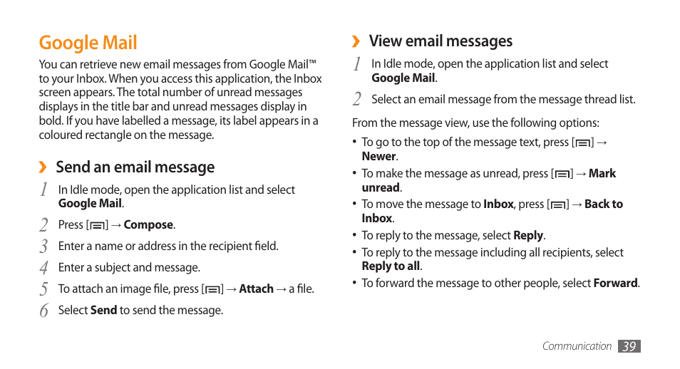 Google mail, View email messages, Send an email message | Samsung Galaxy 5 i5500 User Manual | Page 39 / 108