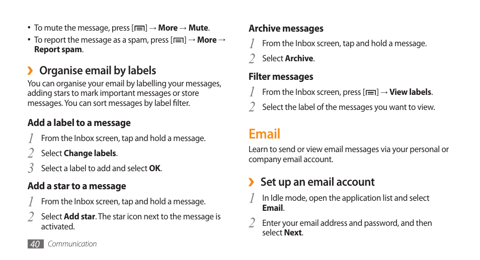 Email, 2email | Samsung Galaxy 5 i5500 User Manual | Page 40 / 108