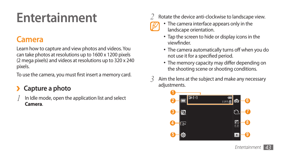 Entertainment, Camera | Samsung Galaxy 5 i5500 User Manual | Page 43 / 108