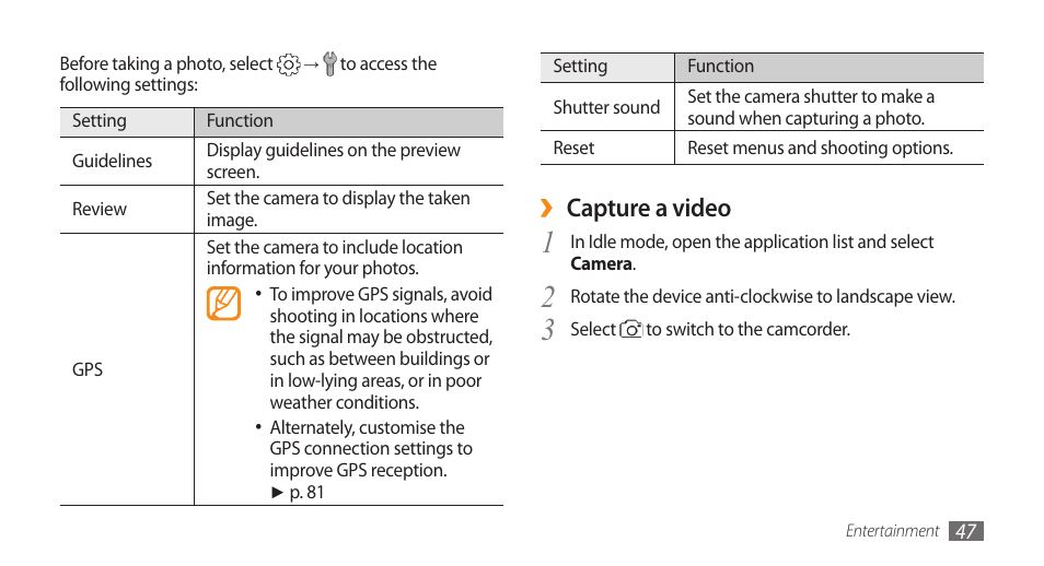 Capture a video | Samsung Galaxy 5 i5500 User Manual | Page 47 / 108