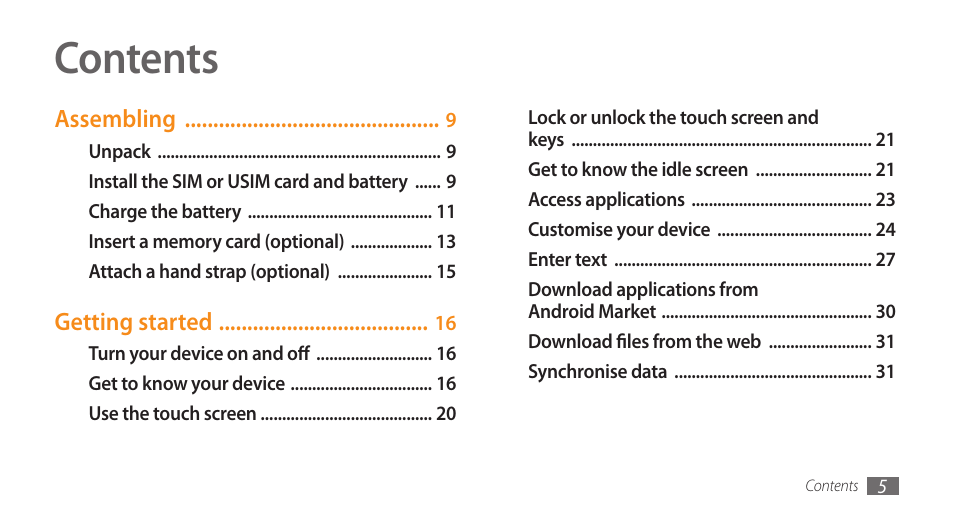 Samsung Galaxy 5 i5500 User Manual | Page 5 / 108